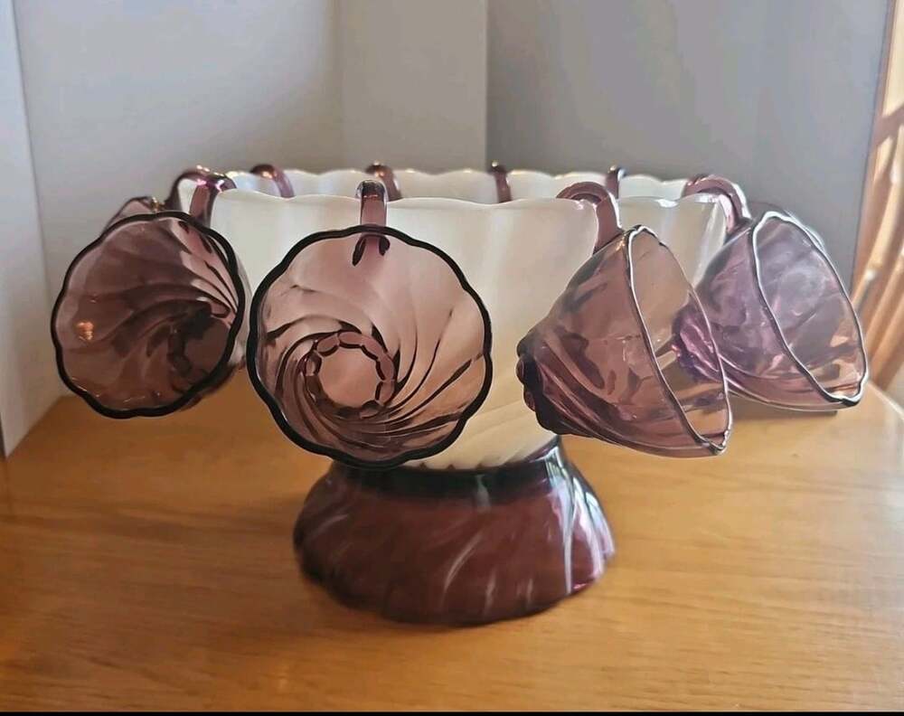 Hazel-Atlas Milk Glass Amethyst Colonial Swirl Punch Bowl Set with 12 Cups